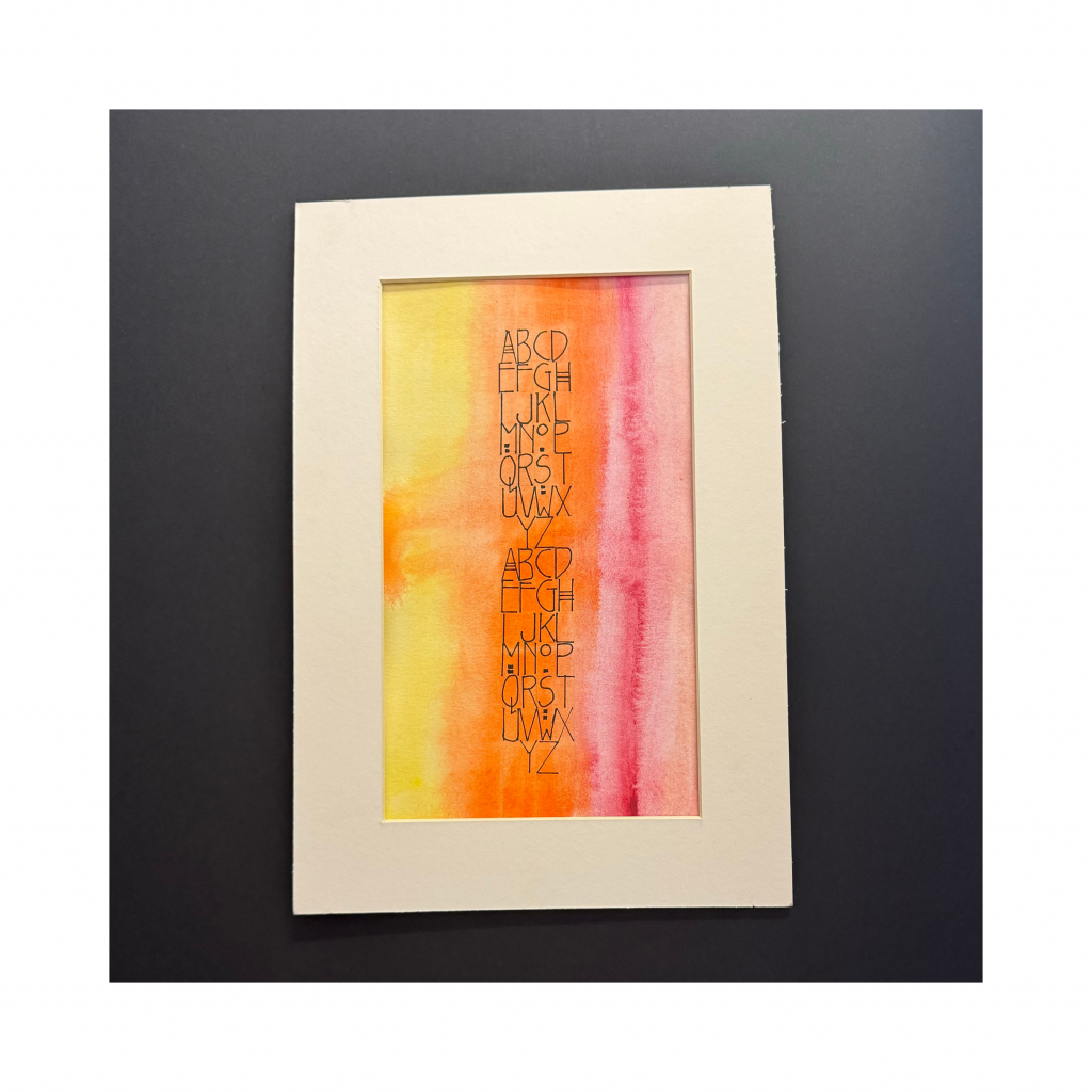 Yellow-Orange-Red gradient watercolour wash background with Mackintosh inspired calligraphy of the Alphabet.